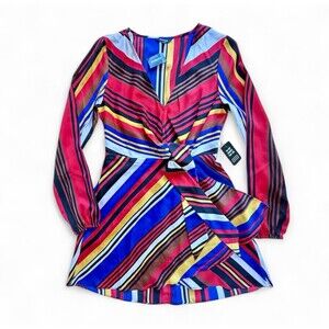 NWT Express Red Colorful Striped Tie Front Faux Wrap Dress Size S Long Sleeve
